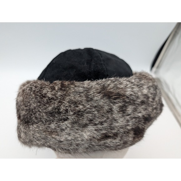 Valerie Stevens Womens Black Suede Faux Fur Brim Winter Hat Snow 6470 NWT